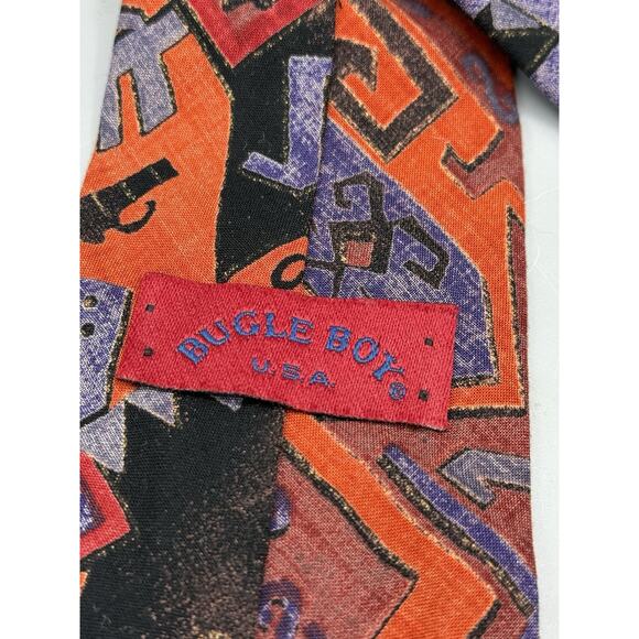 Vintage Bugle Boy USA Tie 90s Aztec Geometric Pattern Red Purple Orange Rayon - Picture 4 of 4